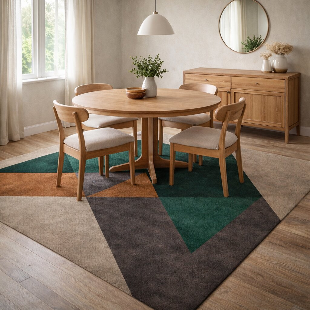 Beige Geometric Area Rug Modern Wool Carpet with Green and Brown Accents for Living Room and Bedroom