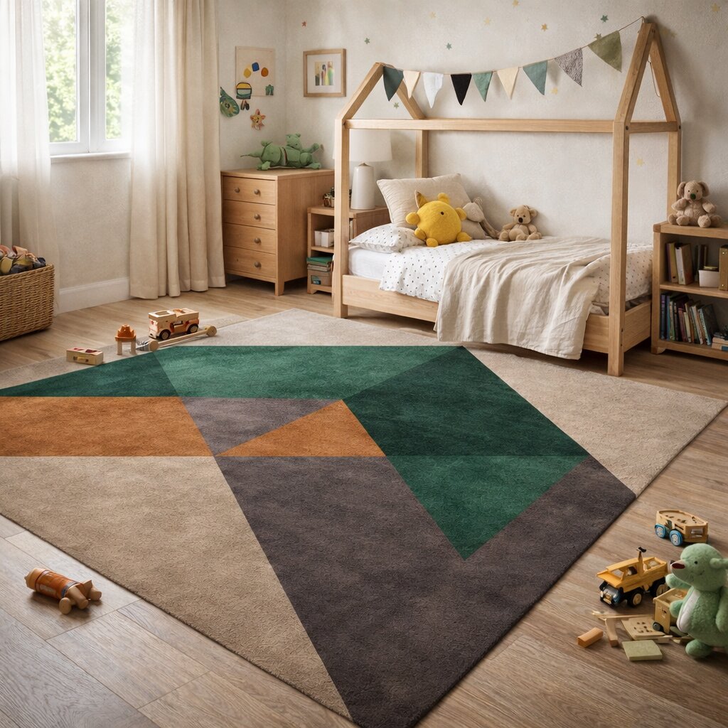 Beige Geometric Area Rug Modern Wool Carpet with Green and Brown Accents for Living Room and Bedroom