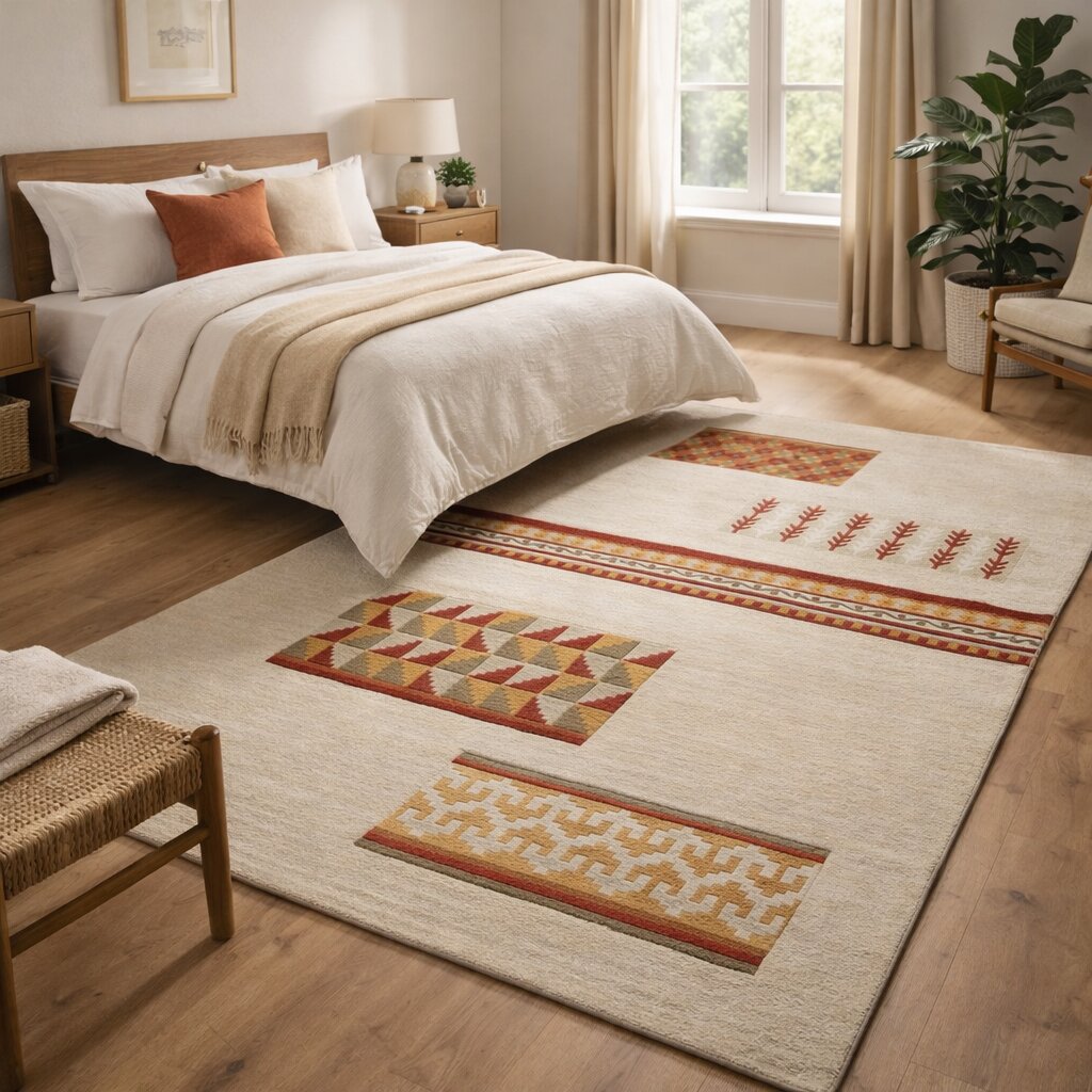 Beige Modern Wool Area Rug with Geometric and Tribal Pattern Handcrafted Designer Carpet