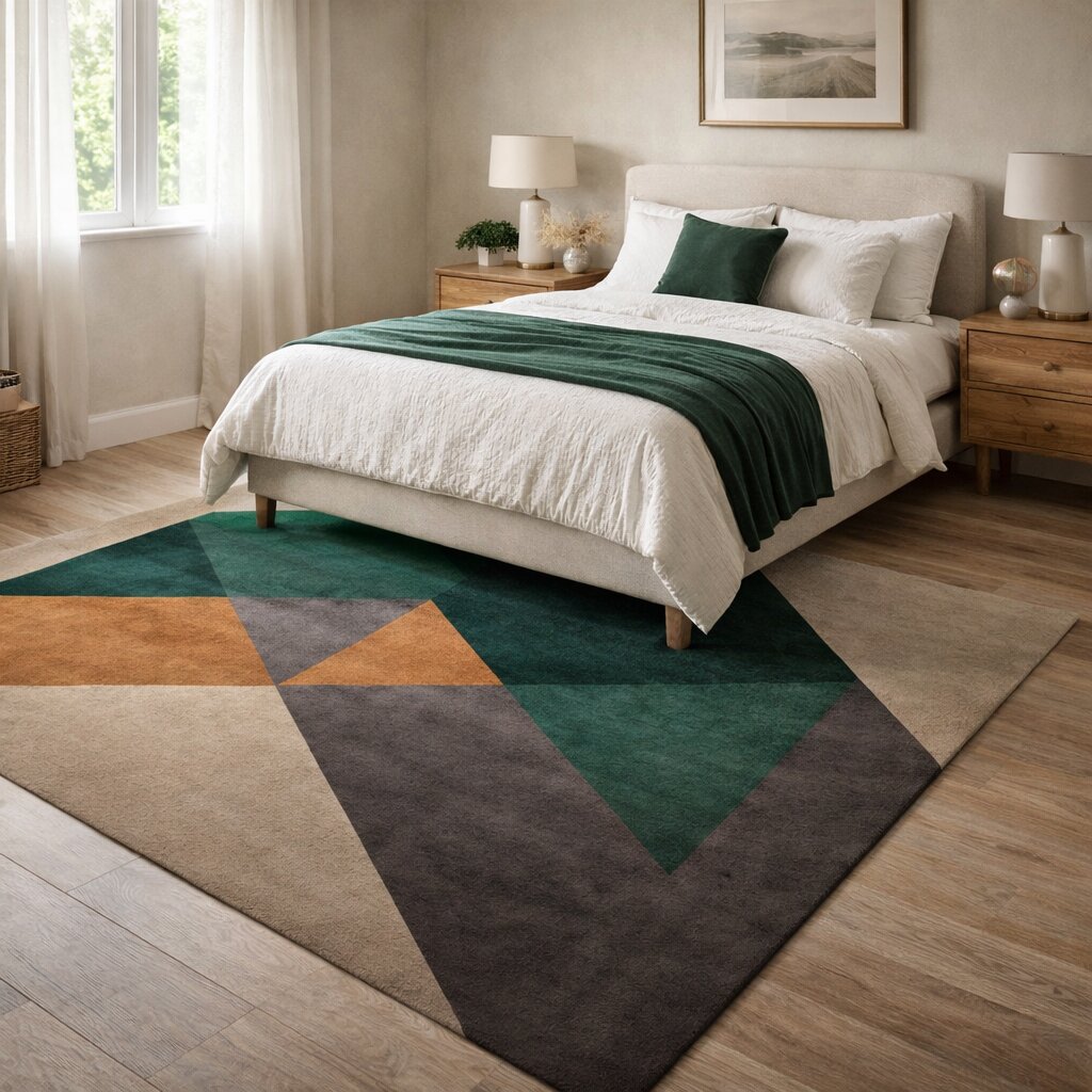 Beige Geometric Area Rug Modern Wool Carpet with Green and Brown Accents for Living Room and Bedroom
