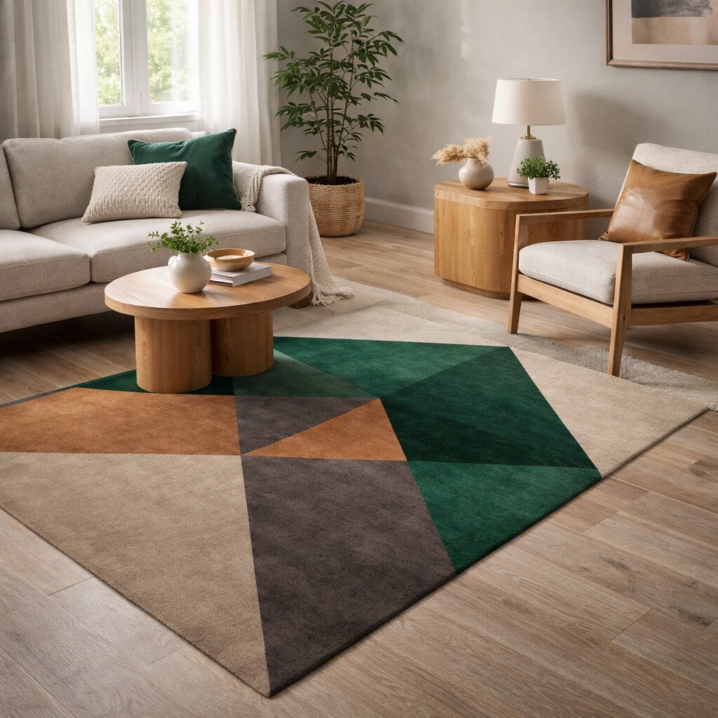 Beige Geometric Area Rug Modern Wool Carpet with Green and Brown Accents for Living Room and Bedroom