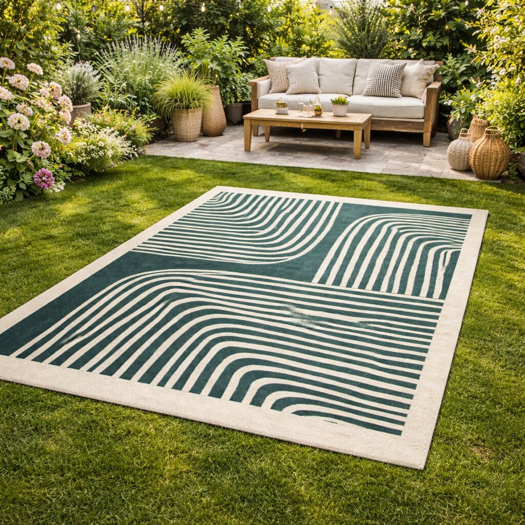 Modern Green and Beige Striped Area Rug Contemporary Hand Tufted Wool Carpet for Living Room and Bedroom