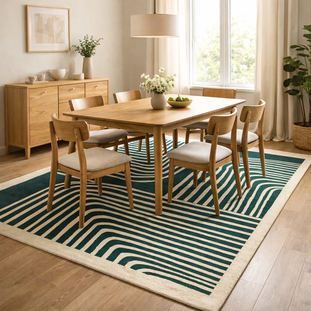 Modern Green and Beige Striped Area Rug Contemporary Hand Tufted Wool Carpet for Living Room and Bedroom