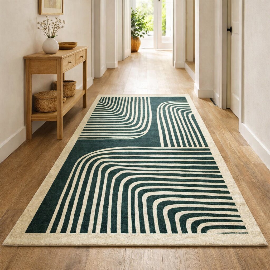 Modern Green and Beige Striped Area Rug Contemporary Hand Tufted Wool Carpet for Living Room and Bedroom