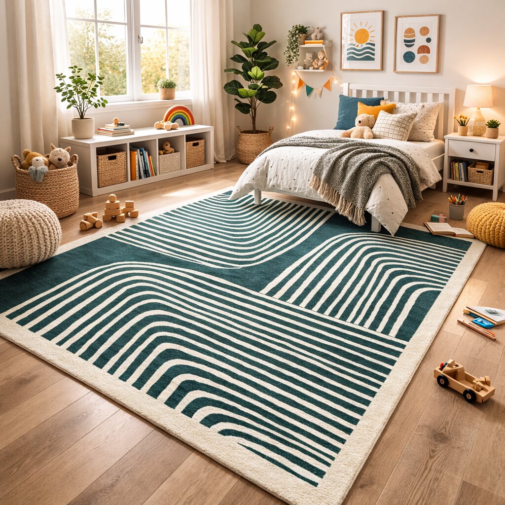 Modern Green and Beige Striped Area Rug Contemporary Hand Tufted Wool Carpet for Living Room and Bedroom
