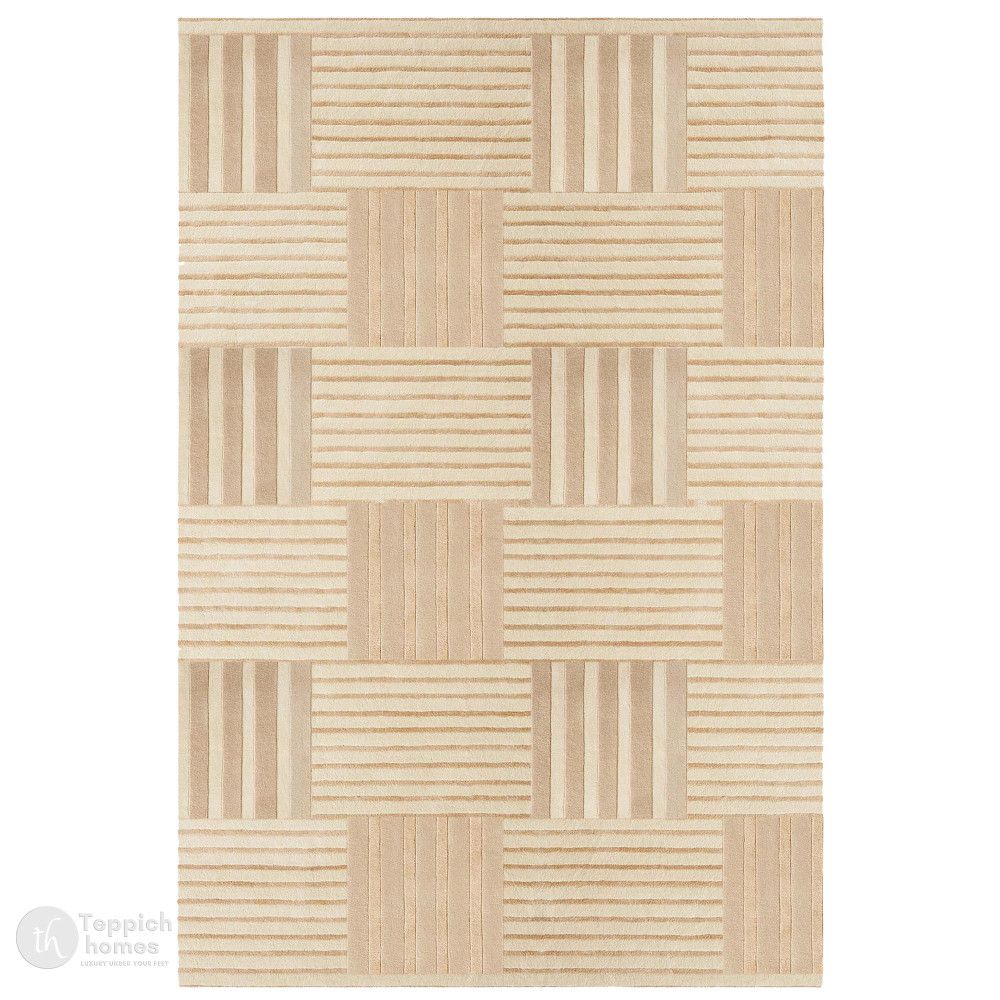 Image of Beige Geometric Striped Area Rug Modern Hand Tufted Carpet for Living Room and Bedroom Décor