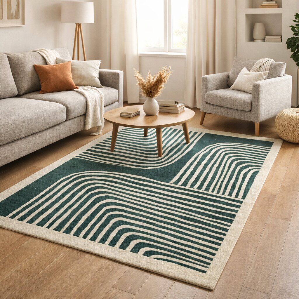 Modern Green and Beige Striped Area Rug Contemporary Hand Tufted Wool Carpet for Living Room and Bedroom
