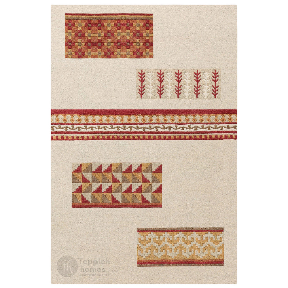 Image of Beige Modern Wool Area Rug with Geometric and Tribal Pattern Handcrafted Designer Carpet