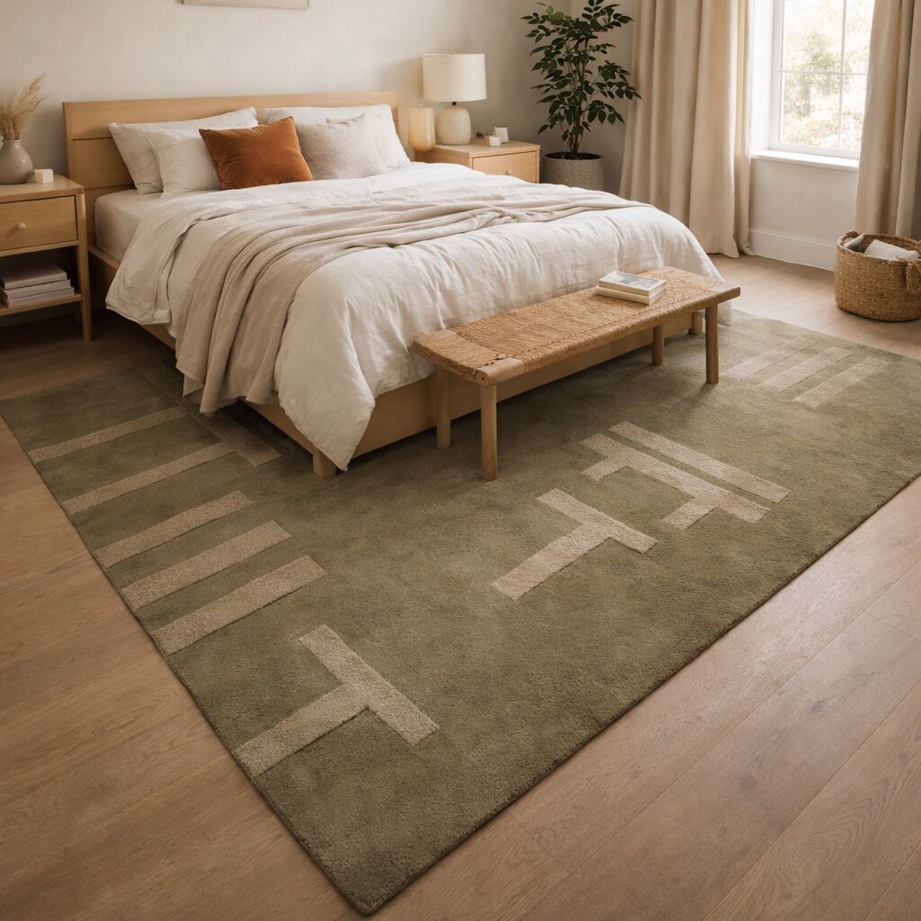 Modern Olive Green Geometric Rug Minimalist Patterned Carpet for Living Room and Bedroom