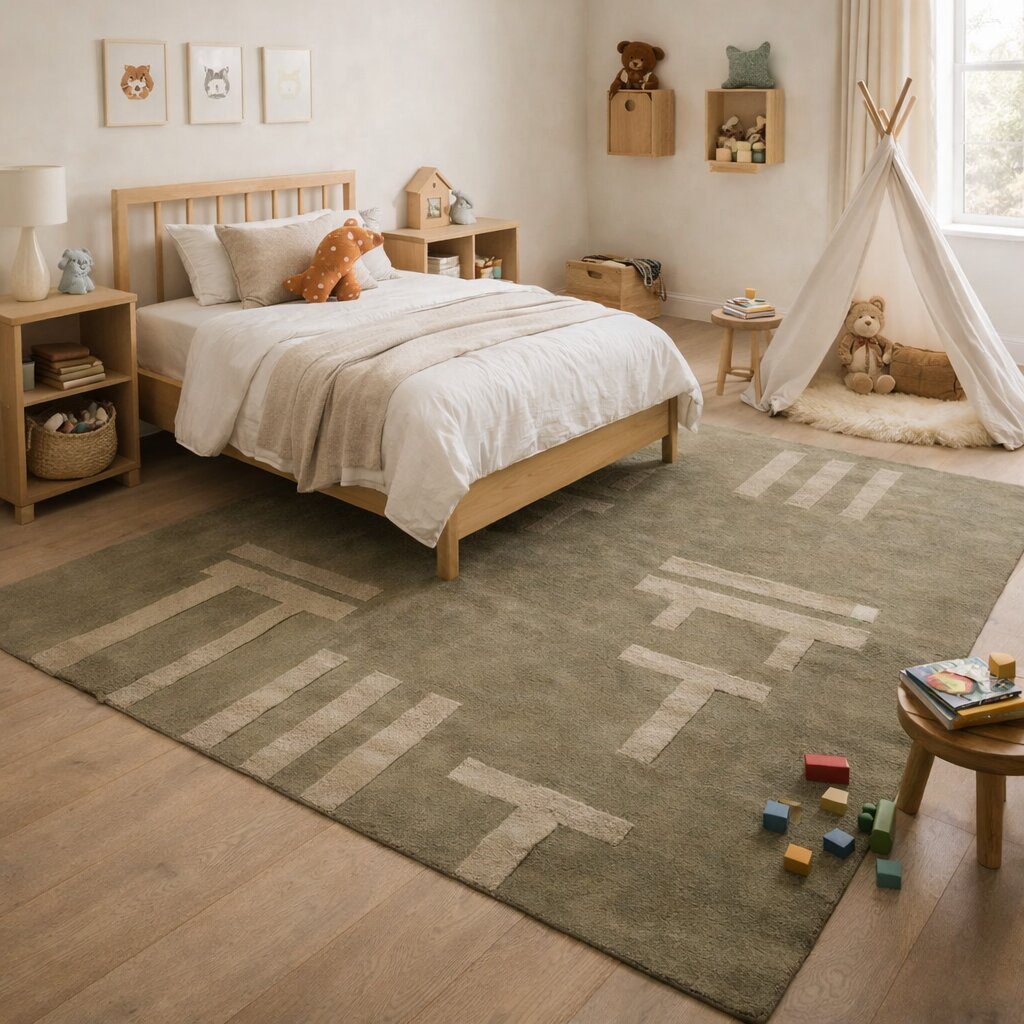 Modern Olive Green Geometric Rug Minimalist Patterned Carpet for Living Room and Bedroom