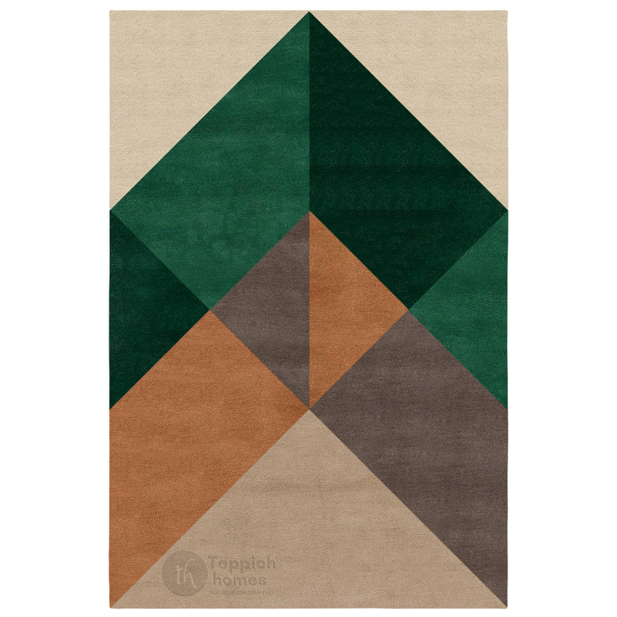 Beige Geometric Area Rug Modern Wool Carpet with Green and Brown Accents for Living Room and Bedroom