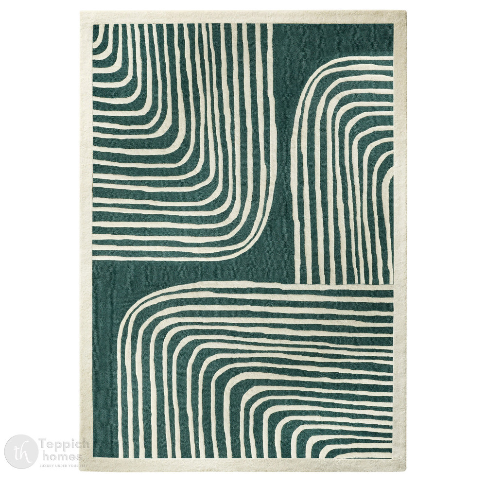 Image of Modern Green and Beige Striped Area Rug Contemporary Hand Tufted Wool Carpet for Living Room and Bedroom