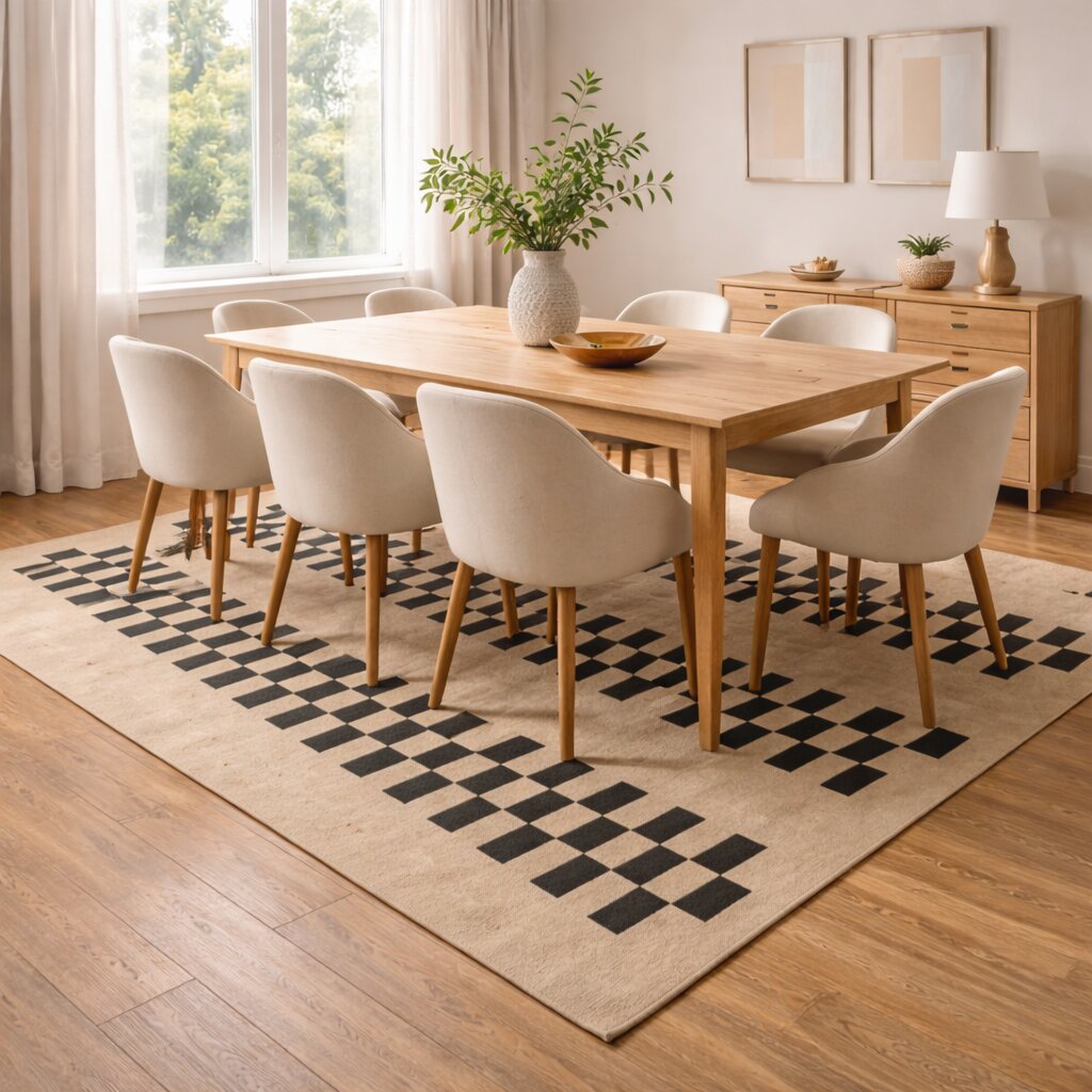 Beige and Black Geometric Rug with Checkered Stripe Design Modern Contemporary Carpet