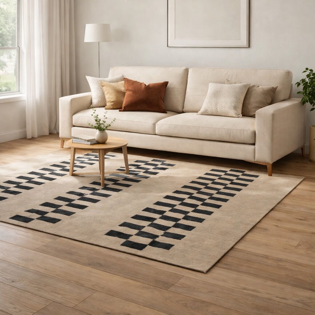 Beige and Black Geometric Rug with Checkered Stripe Design Modern Contemporary Carpet