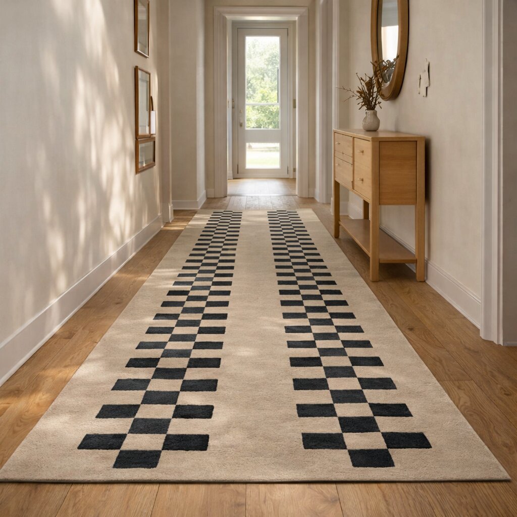 Beige and Black Geometric Rug with Checkered Stripe Design Modern Contemporary Carpet