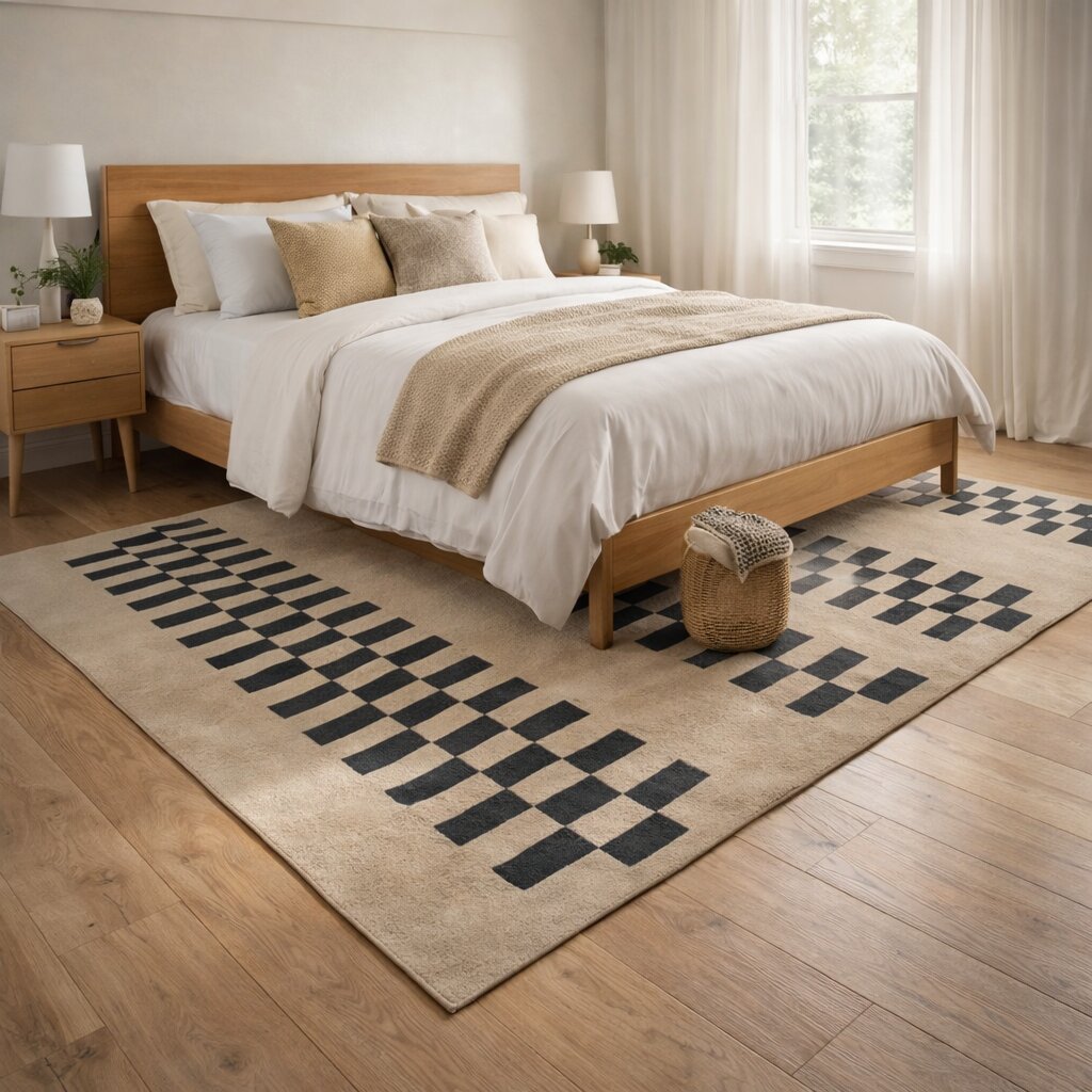 Beige and Black Geometric Rug with Checkered Stripe Design Modern Contemporary Carpet