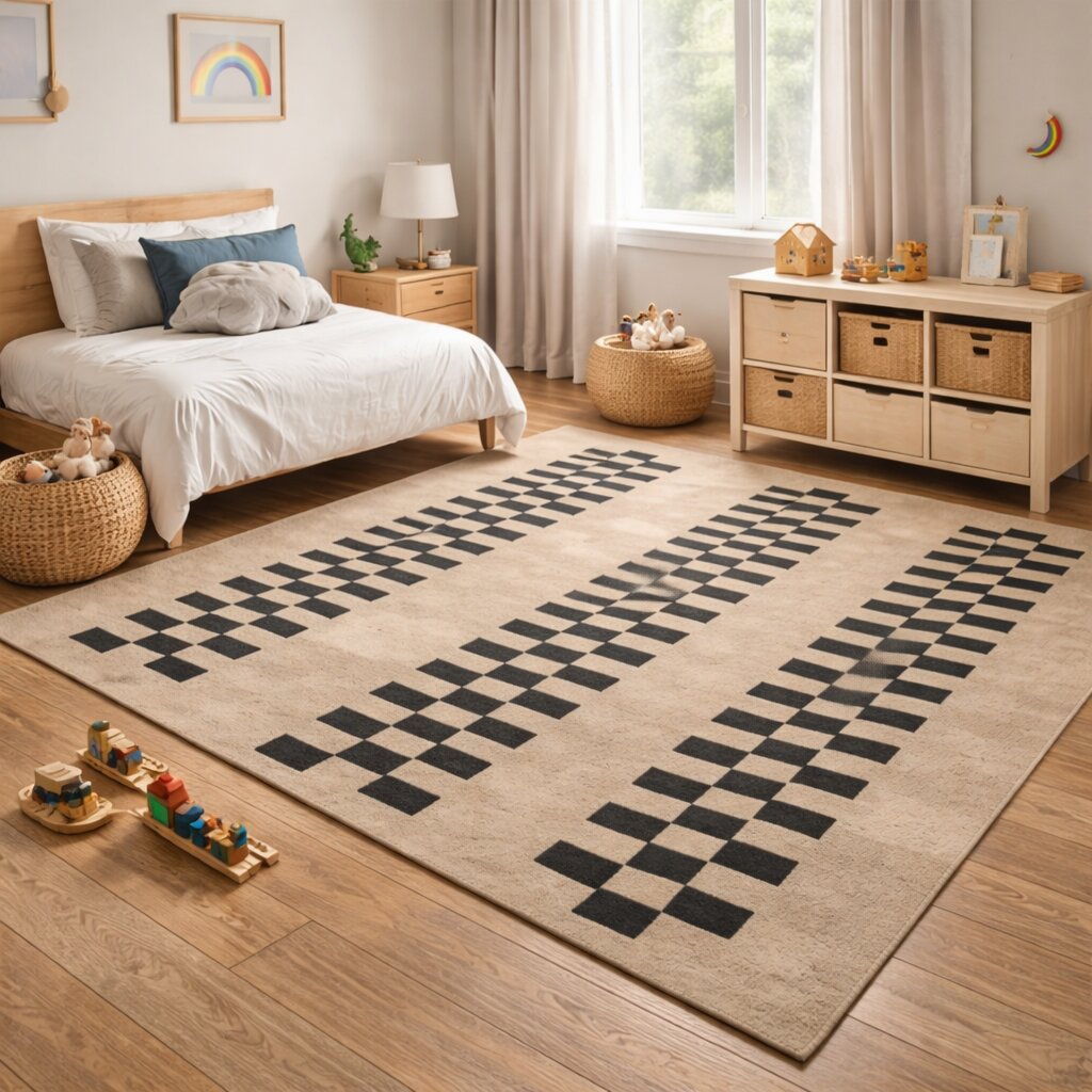 Beige and Black Geometric Rug with Checkered Stripe Design Modern Contemporary Carpet