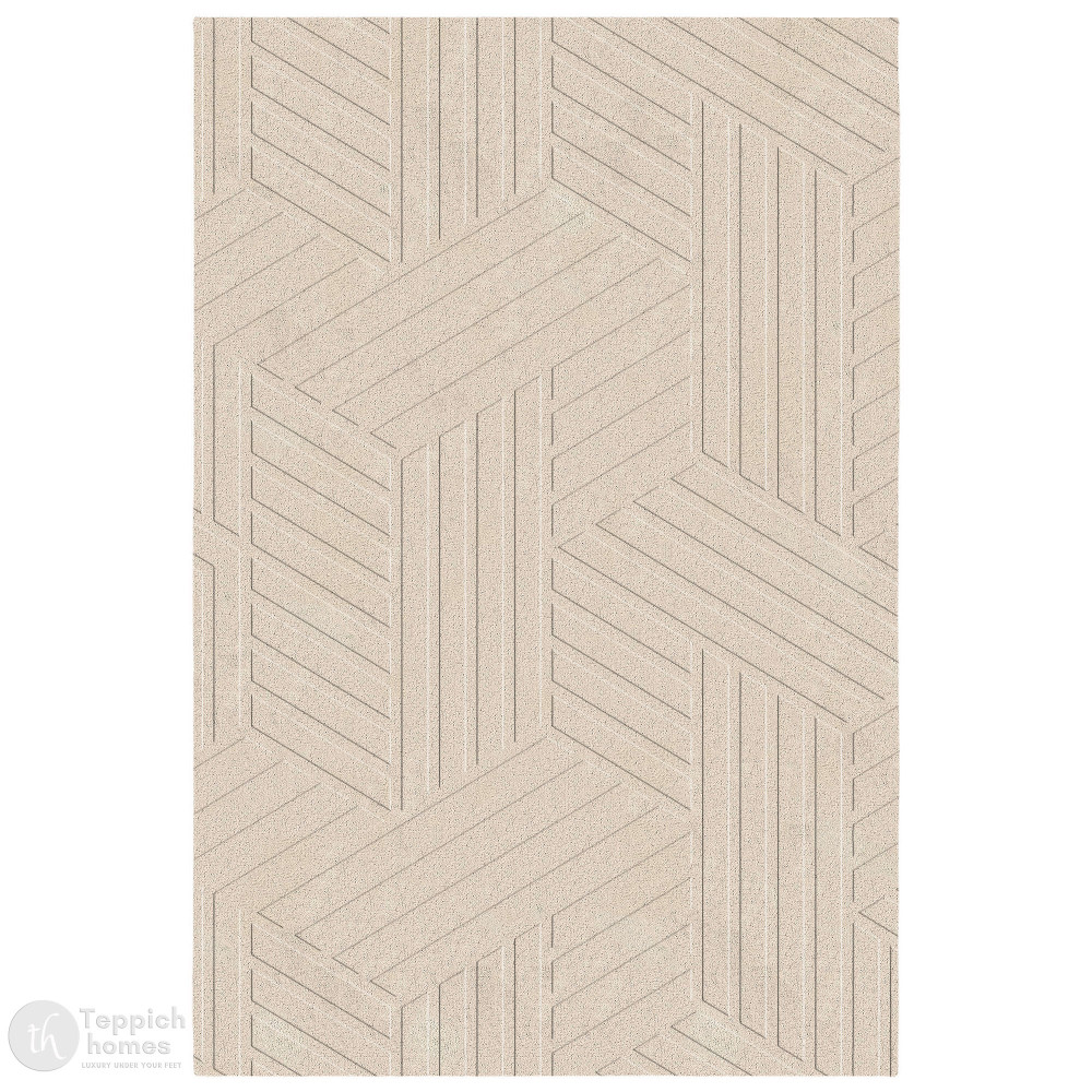 Image of Luxury Beige Geometric Pattern Wool Rug Modern Hand Tufted Area Carpet for Living Room and Bedroom