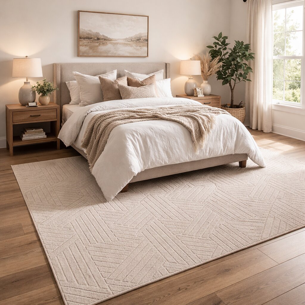 Luxury Beige Geometric Pattern Wool Rug Modern Hand Tufted Area Carpet for Living Room and Bedroom
