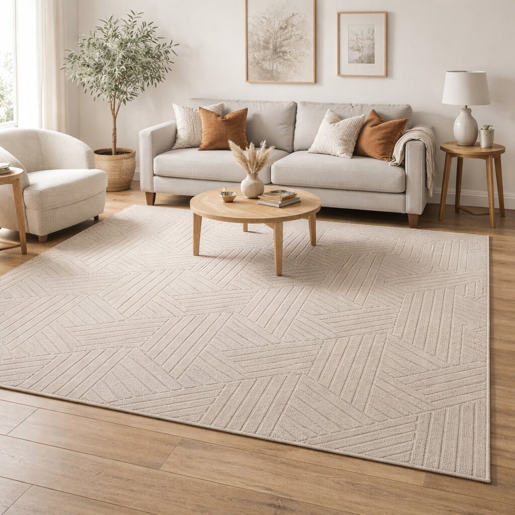 Luxury Beige Geometric Pattern Wool Rug Modern Hand Tufted Area Carpet for Living Room and Bedroom
