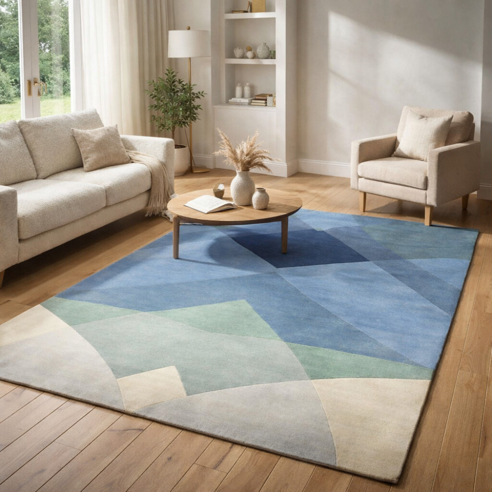 Image of Blue Abstract Rug, Hand Tufted, Wool Rug, Geometric Carpet, Living Room, Bedroom, 5x7, 5x8, 6x8, 6x9