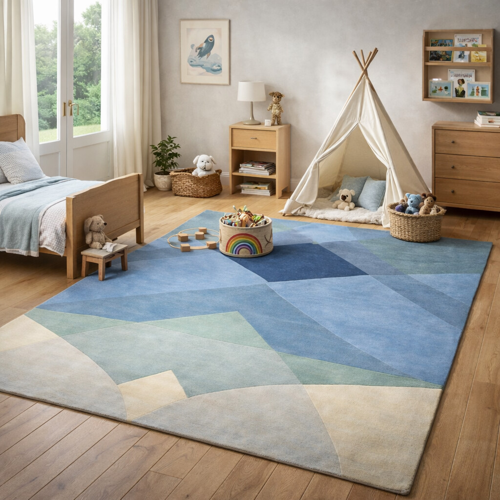 Blue Abstract Rug Hand Tufted Wool Rug Geometric Carpet Living Room Bedroom 5x7 5x8 6x8 6x9