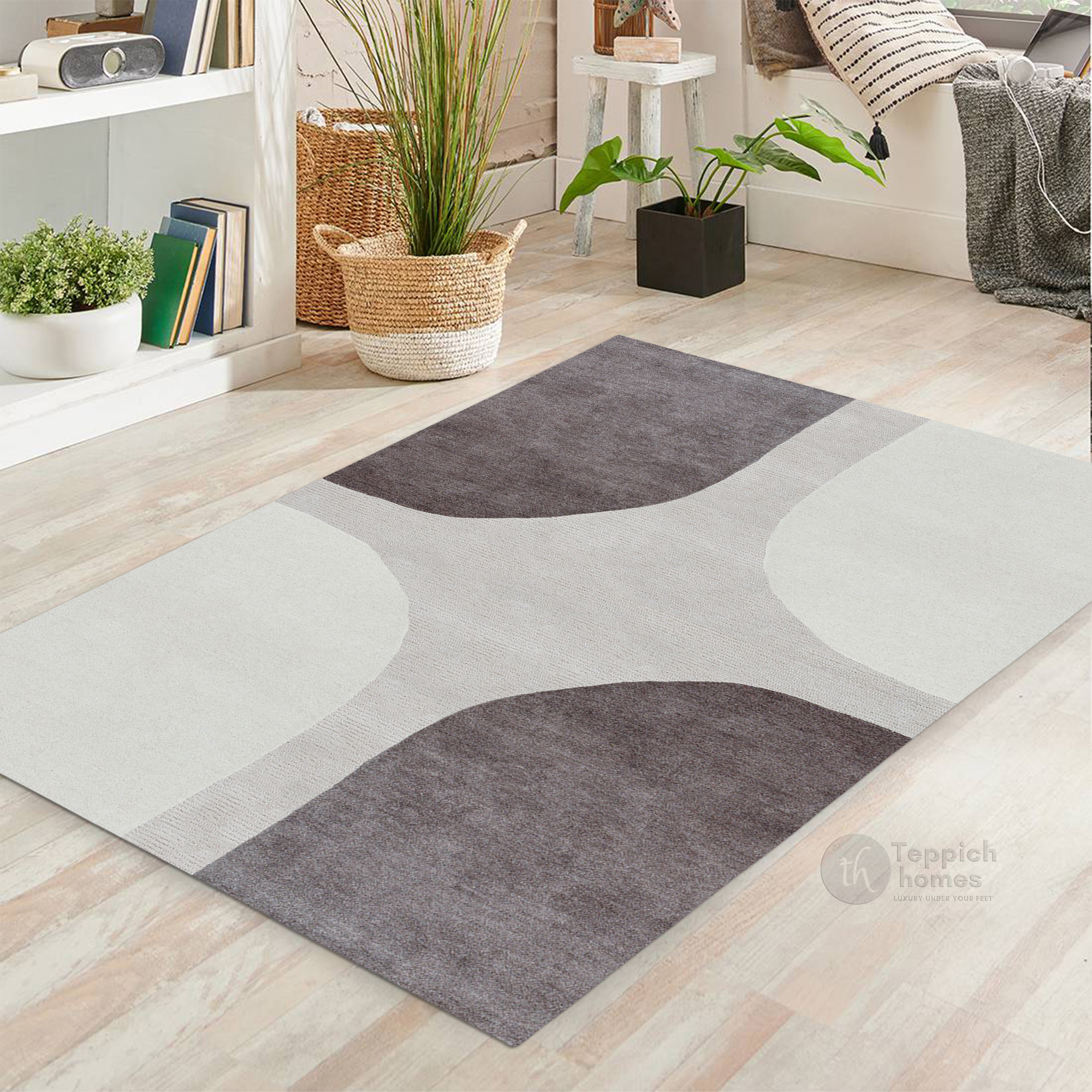 Modern Grey and White Geometric Area Rug Handmade Wool Carpet Contemporary Living Room and Bedroom Decor
