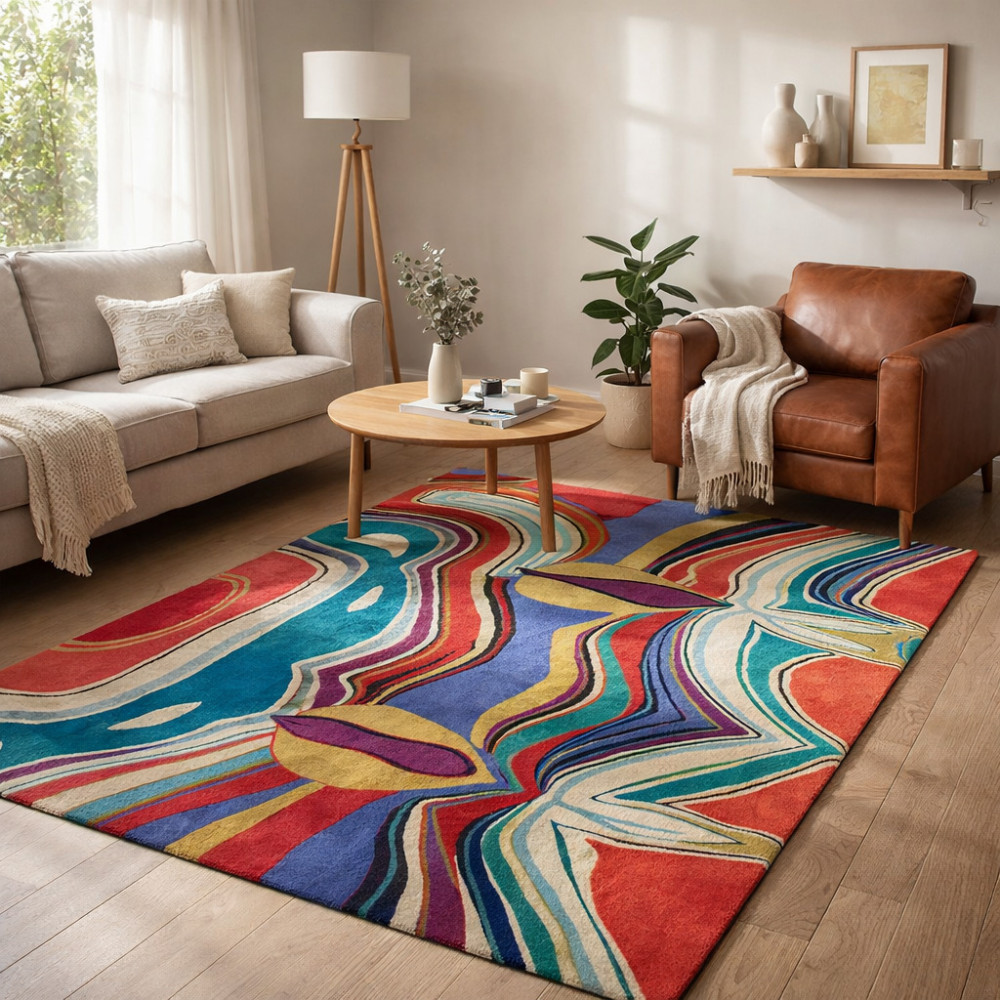 Image of Wool, Viscose Carpet, Hand Tufted, 8x10, 8x11, 9x10, 9x12, Handmade, Living Room, Multi Color Rug