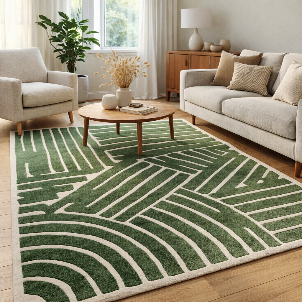 Green Rug Wool Modern Rug 8x10 8x11 9x12 9x13 Hand Tufted Living Room