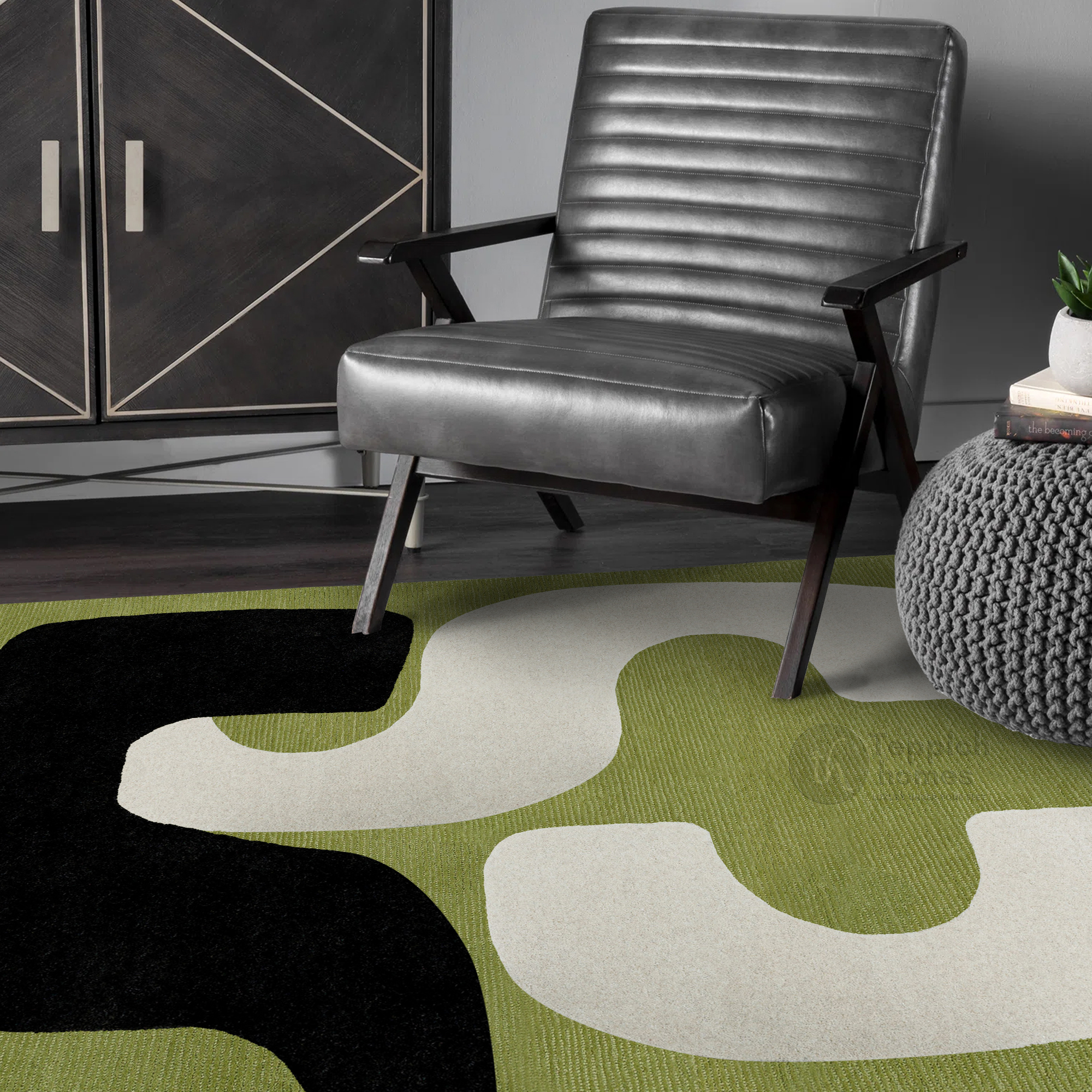 Green Abstract Wool Rug Handmade Modern Area Carpet Living Room and Bedroom Dcor