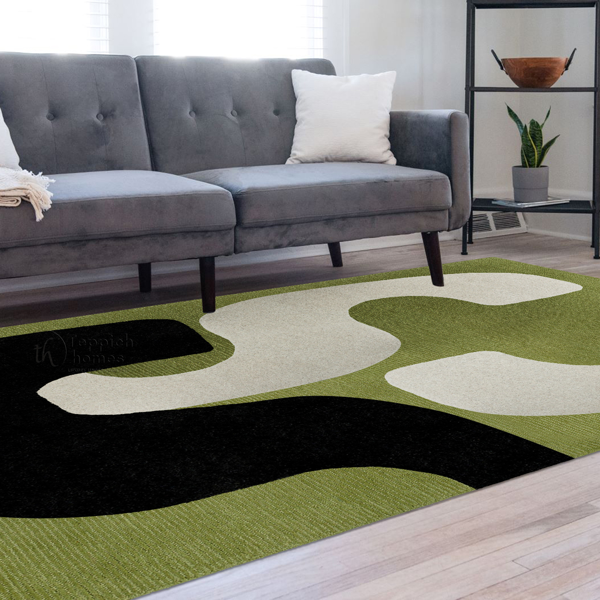 Green Abstract Wool Rug Handmade Modern Area Carpet Living Room and Bedroom Dcor