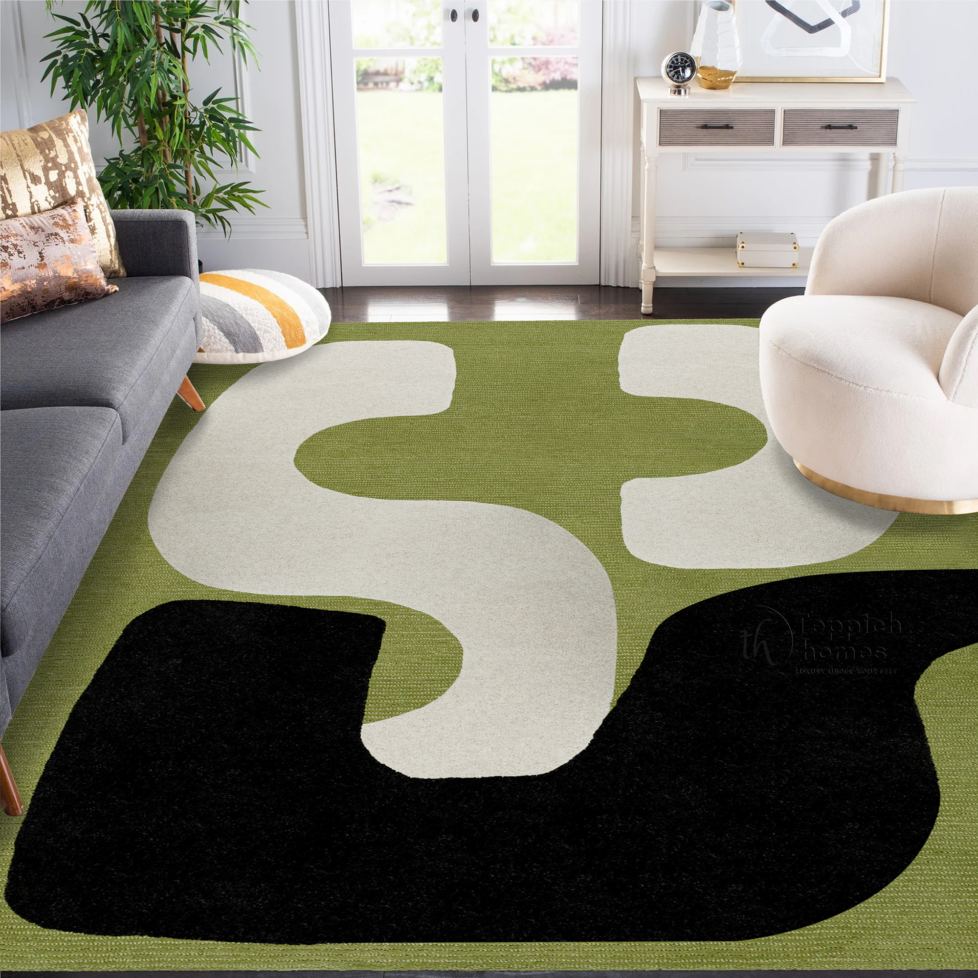 Green Abstract Wool Rug Handmade Modern Area Carpet Living Room and Bedroom Dcor
