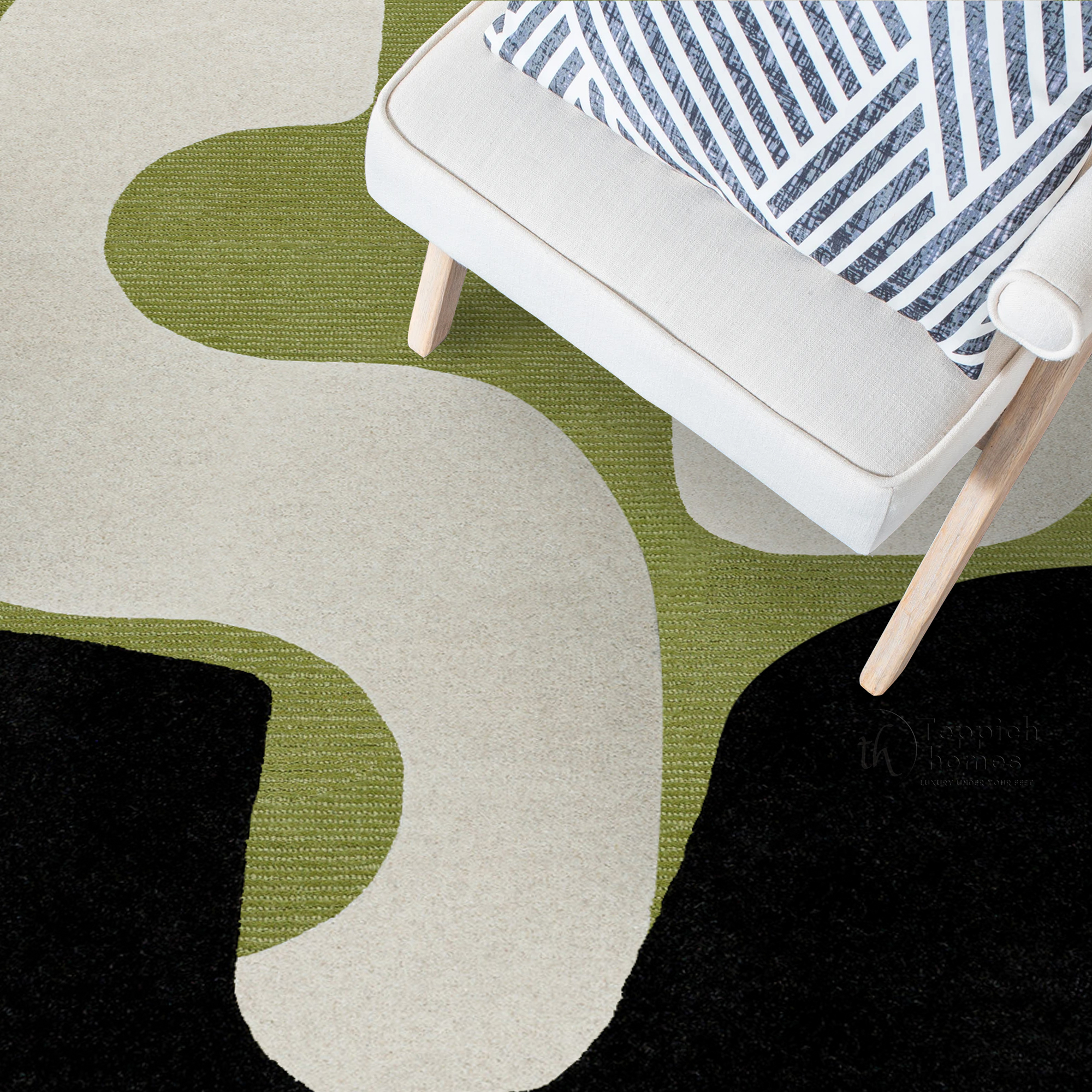 Green Abstract Wool Rug Handmade Modern Area Carpet Living Room and Bedroom Dcor