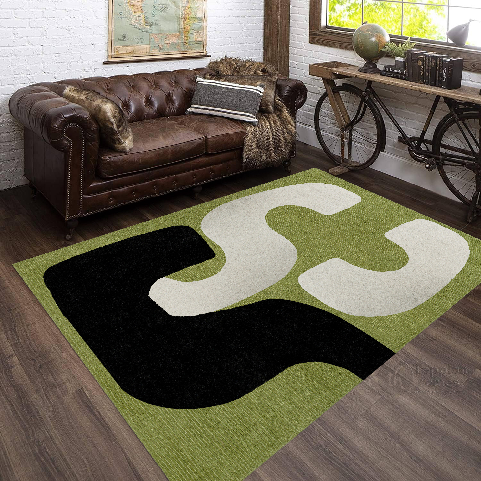 Green Abstract Wool Rug Handmade Modern Area Carpet Living Room and Bedroom Dcor