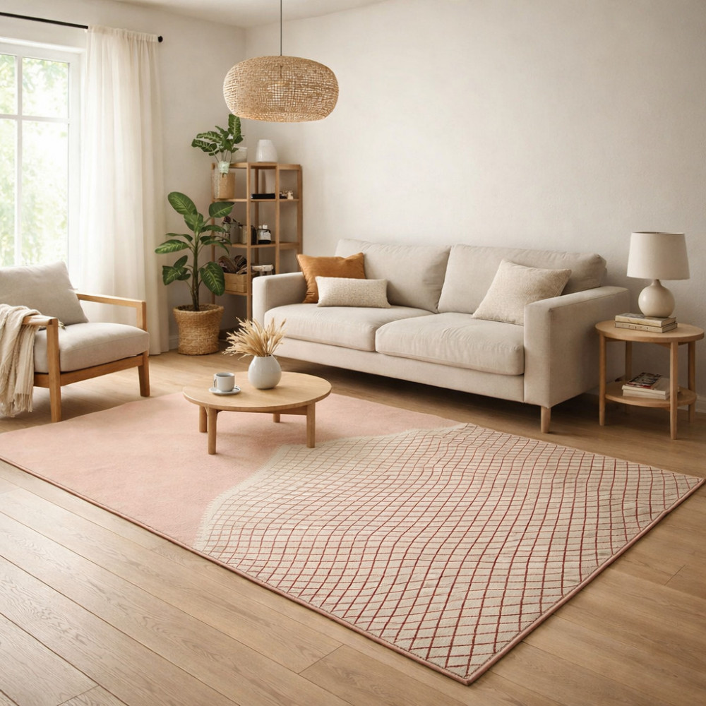 Image of Half-Grid Lines Pink Hand-Tufted Area Rug for Living and Dining Room