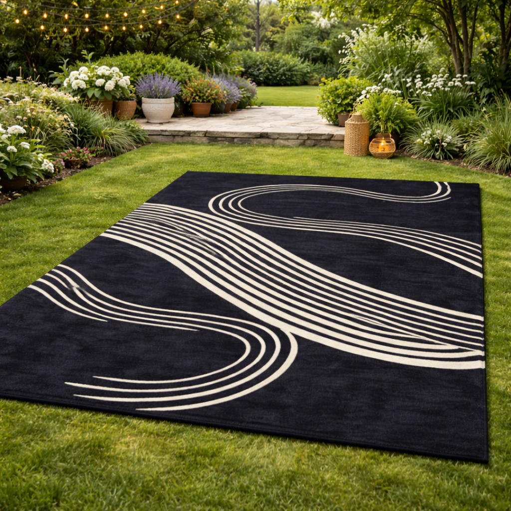 White Wavy Lines Area Hand-Tufted Area Rug for Living and Dining Room