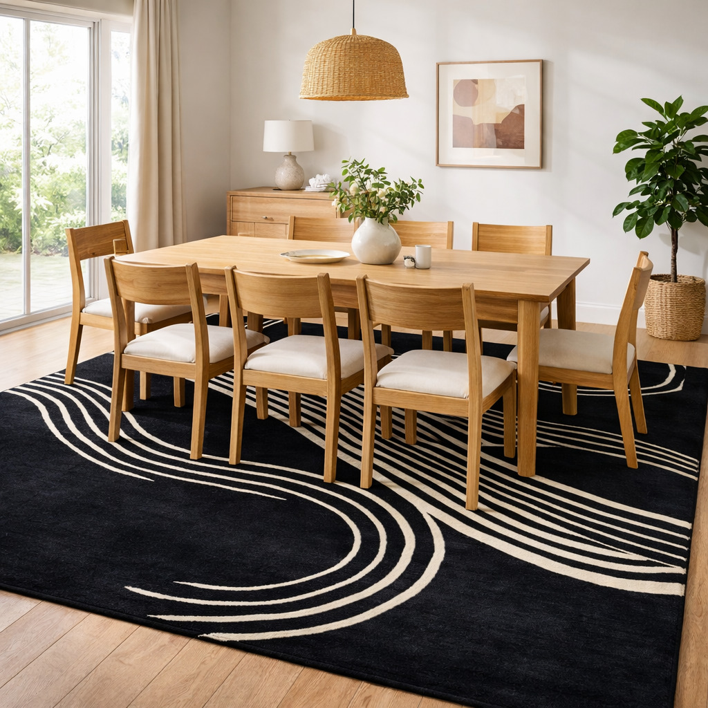 White Wavy Lines Area Hand-Tufted Area Rug for Living and Dining Room