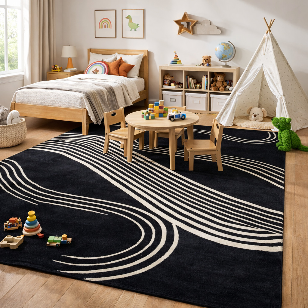 White Wavy Lines Area Hand-Tufted Area Rug for Living and Dining Room