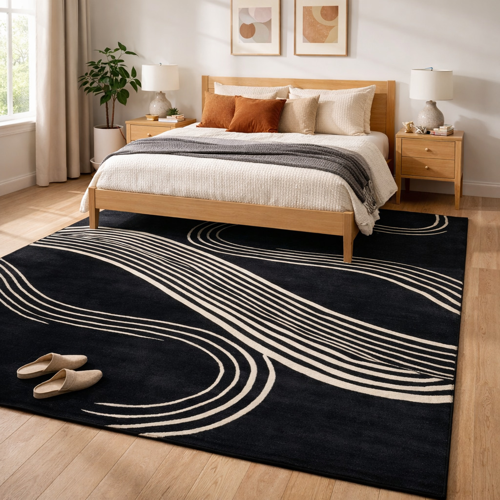 White Wavy Lines Area Hand-Tufted Area Rug for Living and Dining Room