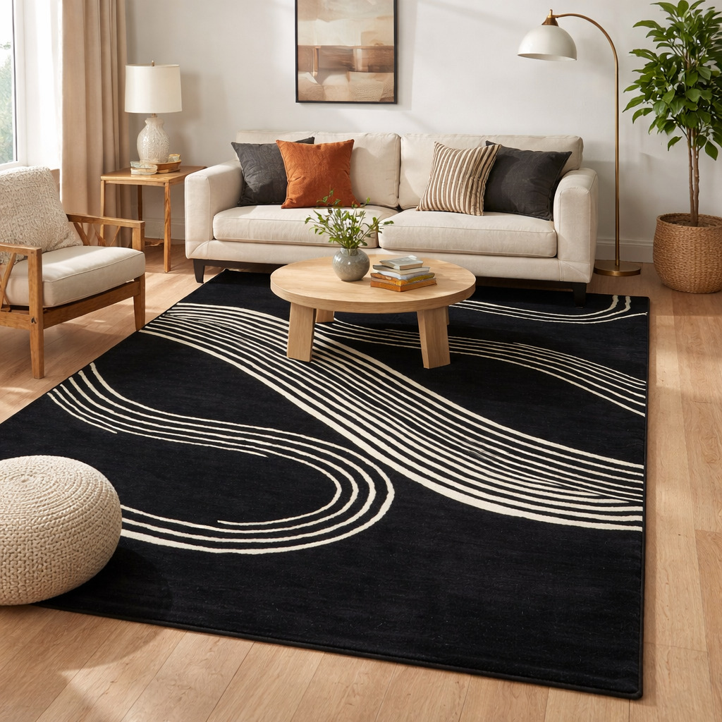 White Wavy Lines Area Hand-Tufted Area Rug for Living and Dining Room