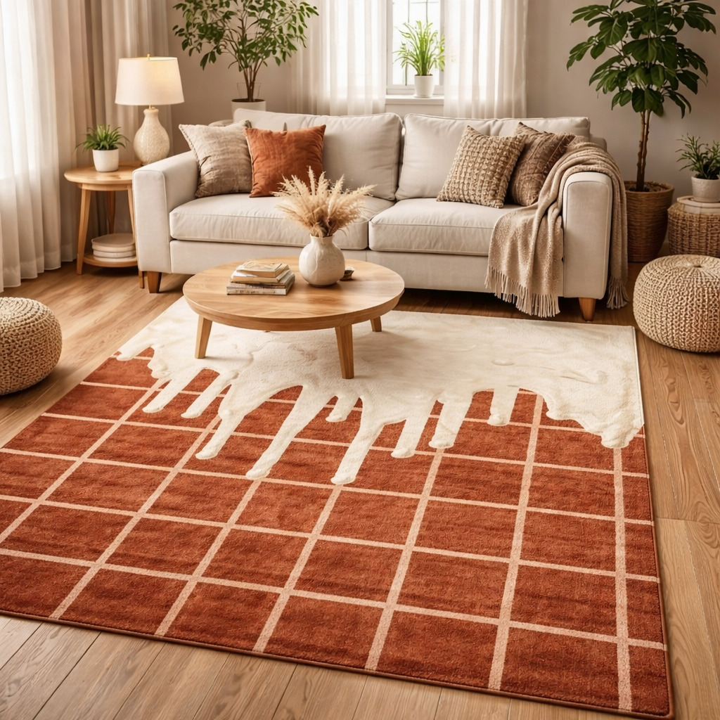 Hand Tufted Rectangle Wool Brown  Cream Rugs for Dining Room Kitchen Bedroom Hallway Living Room Available in 5x5 6x6 8x8 9x9 Sizes