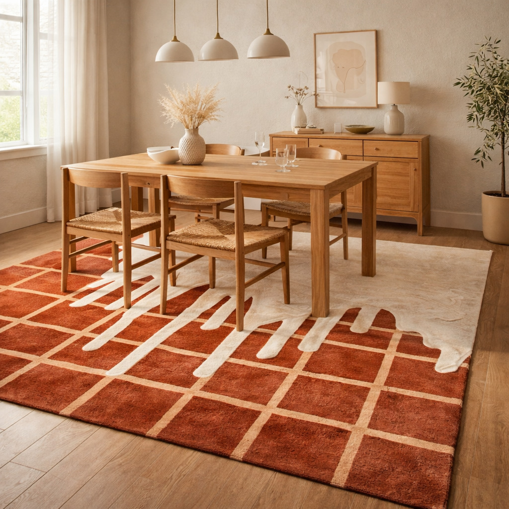 Hand Tufted Rectangle Wool Brown  Cream Rugs for Dining Room Kitchen Bedroom Hallway Living Room Available in 5x5 6x6 8x8 9x9 Sizes