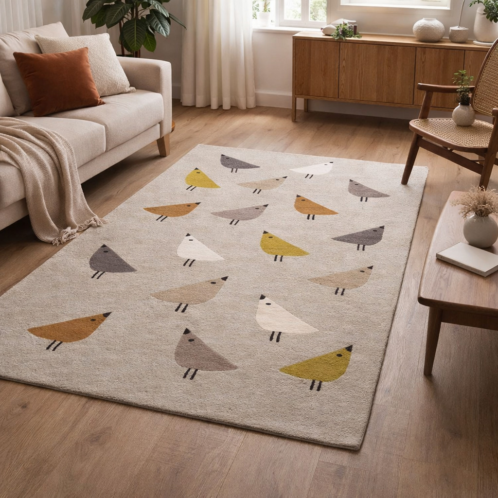 Tufted Geometric Bird Pattern Rug 5x7 6x9 8x11  9x12 Dining Room Living Room Bedroom Beige