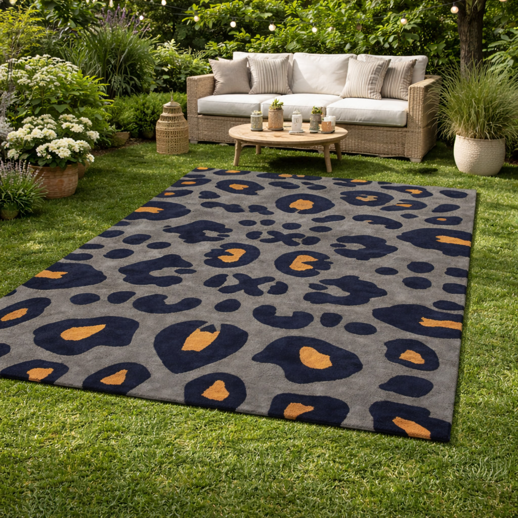 Hand Tufted Leopard Black  Gold Wool Rug Rectangle 5x6 5x8 8x11 11x13 Hallway Living Room Bedroom Dining Room