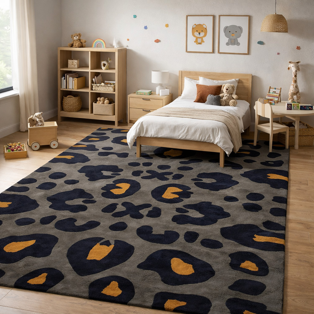 Hand Tufted Leopard Black  Gold Wool Rug Rectangle 5x6 5x8 8x11 11x13 Hallway Living Room Bedroom Dining Room