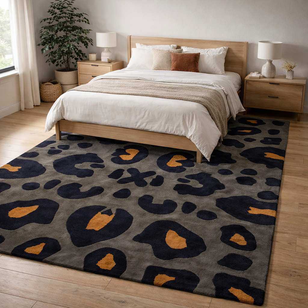 Hand Tufted Leopard Black  Gold Wool Rug Rectangle 5x6 5x8 8x11 11x13 Hallway Living Room Bedroom Dining Room