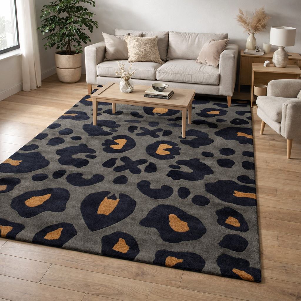 Hand Tufted Leopard Black  Gold Wool Rug Rectangle 5x6 5x8 8x11 11x13 Hallway Living Room Bedroom Dining Room