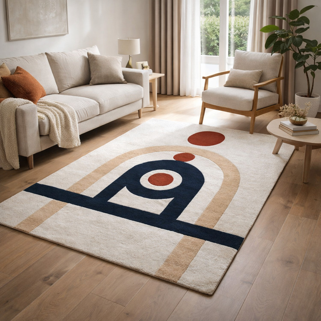 Tufted Cream Blue pattern Rug for Bedroom and Living Space