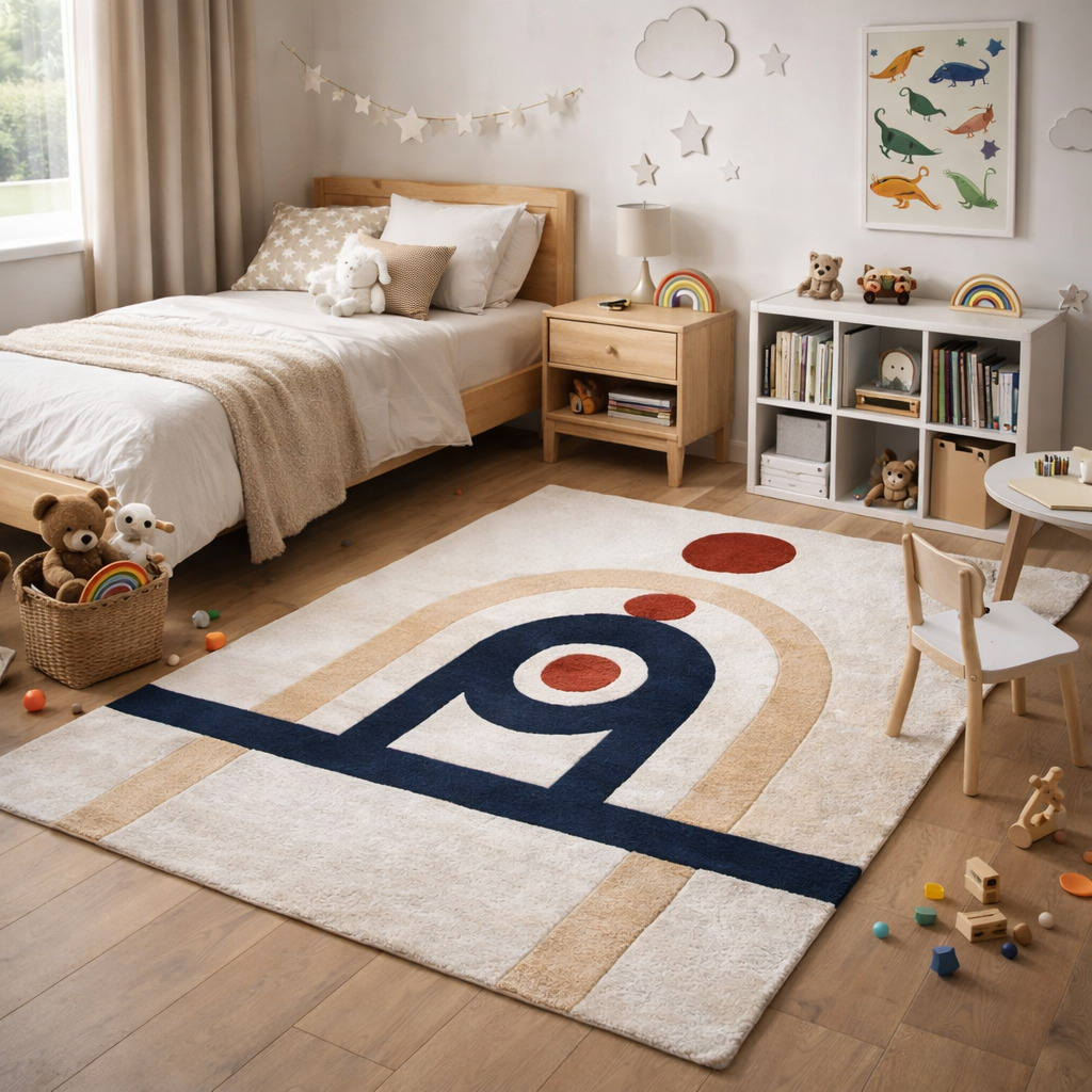 Tufted Cream Blue pattern Rug for Bedroom and Living Space