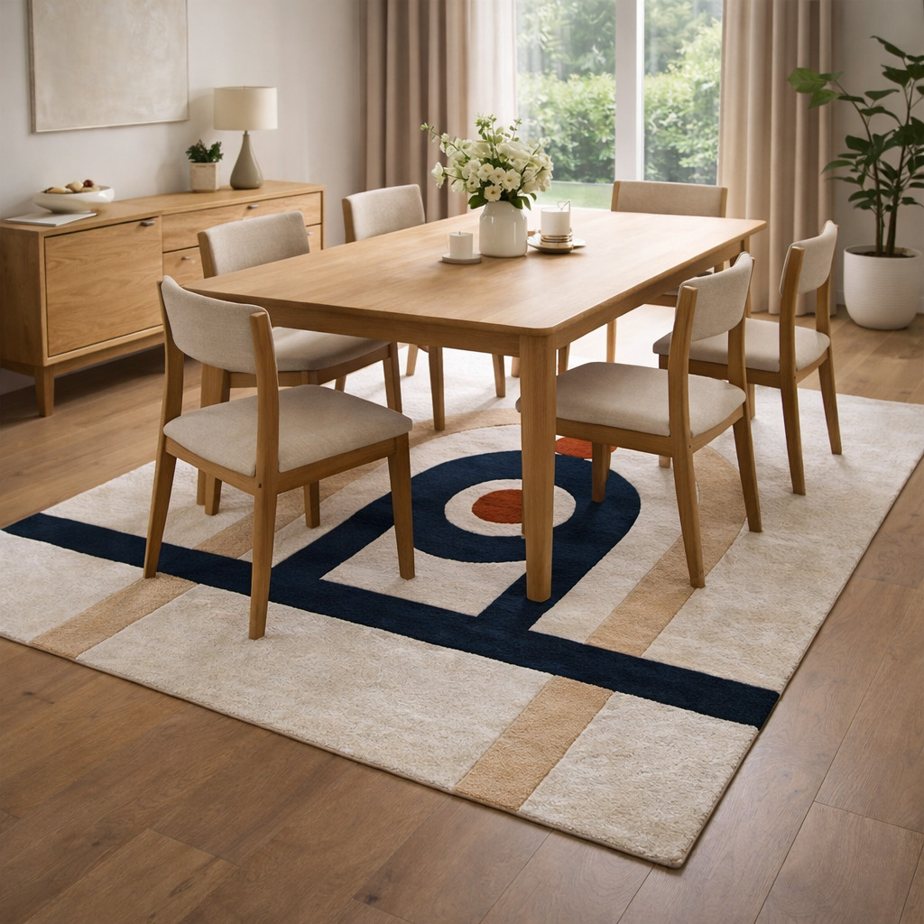 Tufted Cream Blue pattern Rug for Bedroom and Living Space